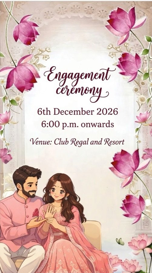 Engagement ceremony: 6th December 2026, 6:00 PM onwards, at Club Regal and Resort
