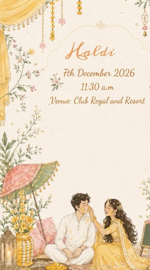 Haldi: 7th December 2026, 11:30 AM, at Club Regal and Resort